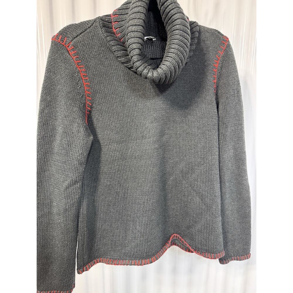 Ecru Cowl Neck Sweater In Dark Gray With Red Stitching 100% Cotton Womens Large